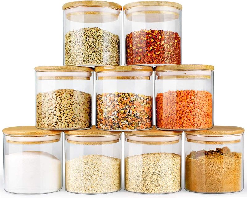 Photo 1 of Glass Jars with Bamboo Lids (16oz in 9 Pack), Food Jars and Canisters Sets with lids, Food Storage Jars with Airtight Lids, Glass Pantry Jars