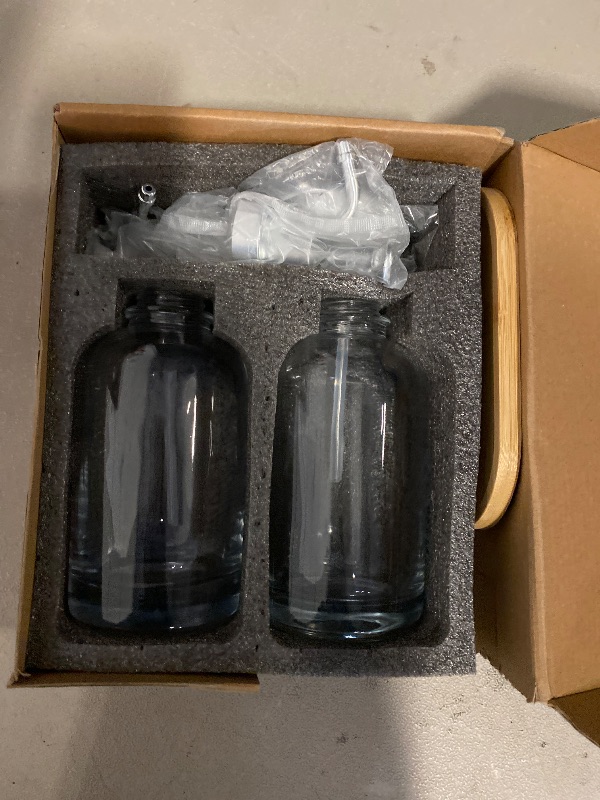 Photo 1 of Dish Soap Dispenser for Kitchen, Hand Glass Soap Dispenser Set with Pump, Tray, Funnel for Bathroom, Shower, Laundry, Liquid, Lotion (Silver 2 Pack 18 Oz Clear Bottles with 12 Stickers)