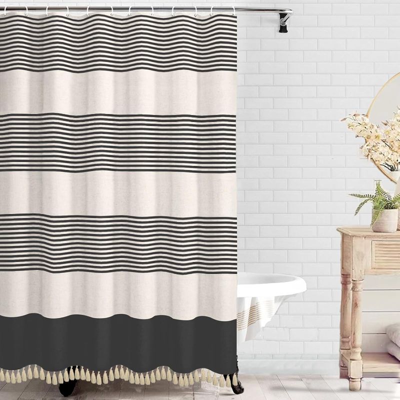 Photo 1 of bufftieo Black Shower Curtain for Bathroom Boho Linen Farmhouse Tassel Shower Curtain Set 54" x 78"