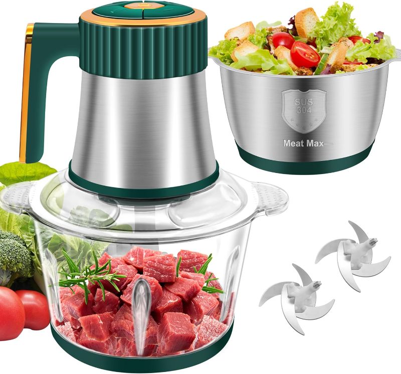 Photo 1 of Food Processor, 5-Speed Electric Food Chopper, Meat Grinder with 2 Bowls (8 Cup+8 Cup) & 2 Sets of Blades, Meat Processor for Meat, Vegetables, Fruits and Nuts (Green)