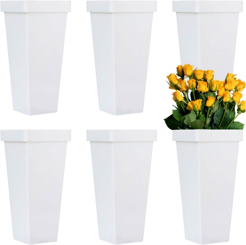 Photo 1 of 6 Pack Flower Buckets for Cut Flowers 13.4 Inch Plastic Floral Buckets Modern Square Vases for Centerpieces Display Decorative Plastic Vases for Home Office Wedding Decorations -White