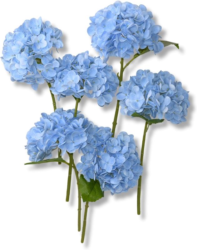 Photo 1 of 12.6'' Light Blue Hydrangea Artificial Flowers, 4Pcs Realistic Latex Faux Hydrangeas with Short Stems & Leaves for Home Decor, Party Floral Arrangements, Wedding Bouquet, Table Centerpieces