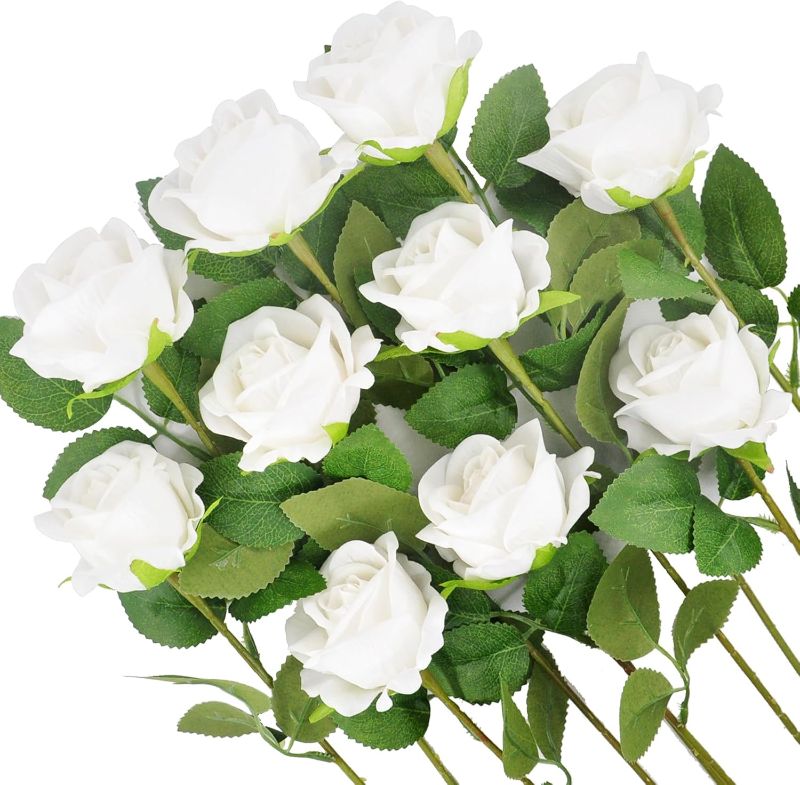 Photo 1 of Kenpal 10pack Fake Roses Artificial Flowers with Stem for Wedding Decoration Centerpieces Bouquets Well Packing(White)