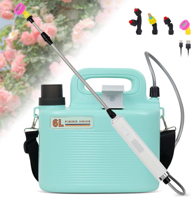 Photo 1 of Battery Powered Sprayer 1.6 Gallon, 7.4V Electric Sprayer with 4 Mist Nozzles, Rechargeable Handle, 35" Retractable Wand, Powerful Electric Sprayers for Yard, Garden, Lawn, Fertilizing, Cleaning