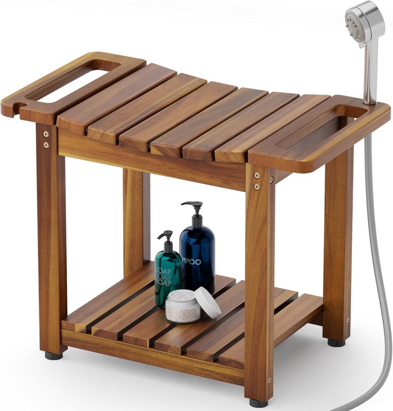 Photo 1 of BLUEWEST Shower Bench Seat with Storage Shelf, Natural Wood Shower Benches for Inside Shower to Sit on, Waterproof Bathroom Spa Bench Stool for Legs Shaving with Built-in Handle & Shower Head Holder