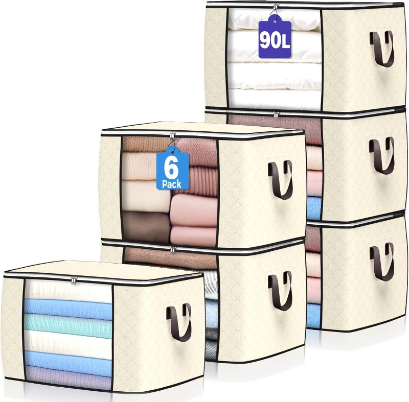 Photo 1 of 90 L Large Storage Bags, 6 Pack Clothes Storage Bins Foldable Closet Organizers Storage Containers with Reinforced Handle for Clothing, Blanket, Comforters, Bed Sheets, Pillows and Toys (Beige)