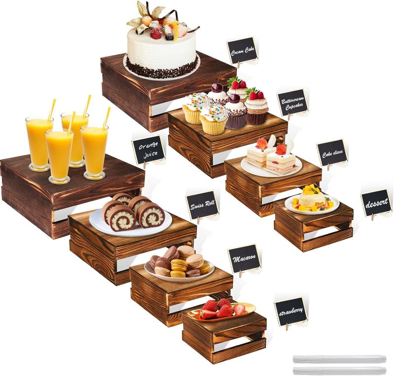 Photo 1 of 8 Pcs Buffet Risers with Mini Signs, Rustic Wood Cake Stands, Food Risers for Buffet Table, Dessert Display Stand, Wood Crates, Rustic Cake Stand for Party, Wedding, Birthday, Baby Shower, 4 Sizes