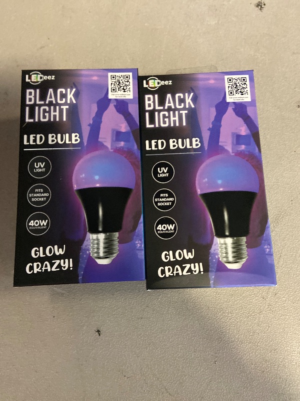 Photo 1 of Black Light Bulbs, 12W LED Black Light Bulb for Halloween Decoration, UVA 385-400nm UV Black Light, A19 Blacklight Bulb for Glow in Dark, Body Paint Fluorescent Poster Glow Party, 2 Pack