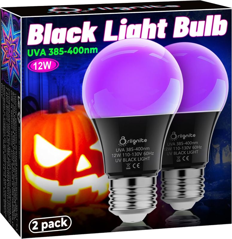 Photo 1 of Black Light Bulbs, 12W LED Black Light Bulb for Halloween Decoration, UVA 385-400nm UV Black Light, A19 Blacklight Bulb for Glow in Dark, Body Paint Fluorescent Poster Glow Party, 2 Pack