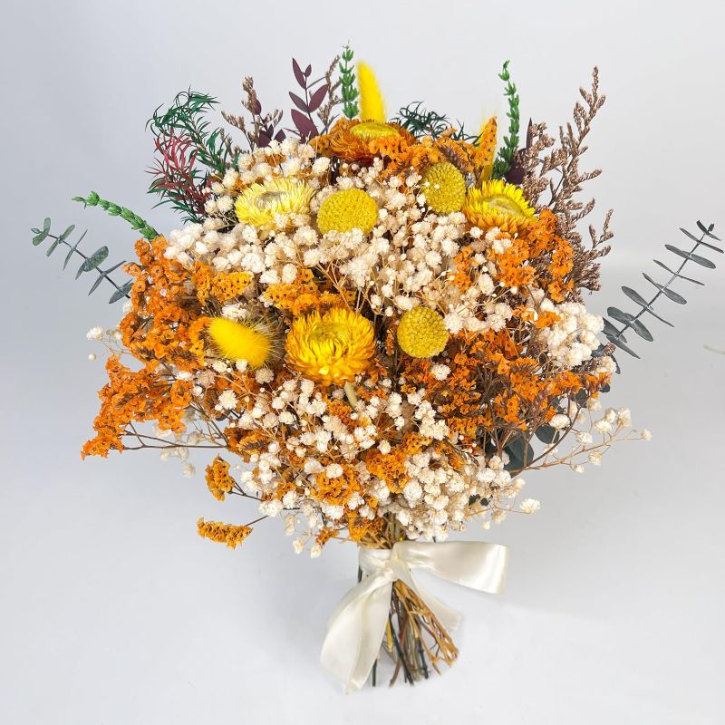 Photo 1 of Handmade Dried Flower Bouquet – Natural Orange & Yellow Floral Arrangement with Baby’s Breath, Craspedia, and Eucalyptus – Rustic Boho Style for Home Decor, Weddings, Fall Decor