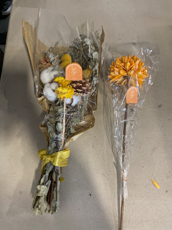 Photo 1 of Handmade Dried Flower Bouquet – Natural Orange & Yellow Floral Arrangement with Baby’s Breath, Craspedia, and Eucalyptus – Rustic Boho Style for Home Decor, Weddings, Fall Decor