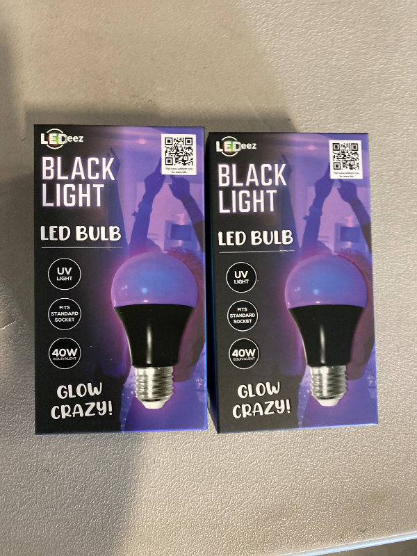 Photo 1 of Black Light Bulbs, 12W LED Black Light Bulb for Halloween Decoration, UVA 385-400nm UV Black Light, A19 Blacklight Bulb for Glow in Dark, Body Paint Fluorescent Poster Glow Party, 2 Pack