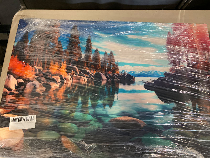 Photo 1 of Canvas Art Decor: Tranquil Lake Amidst Autumn's Vibrant Palette, a Serene Landscape Reflection Art Decoration, Office Arts Design, Size: 91x61 cm (36x24 inch)