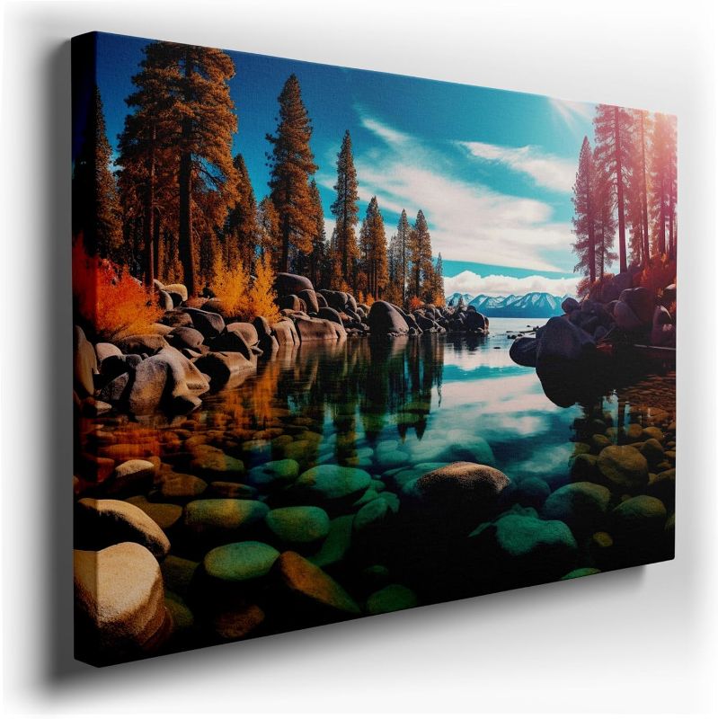 Photo 1 of Canvas Art Decor: Tranquil Lake Amidst Autumn's Vibrant Palette, a Serene Landscape Reflection Art Decoration, Office Arts Design, Size: 91x61 cm (36x24 inch)