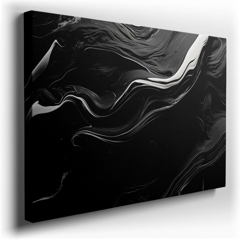 Photo 1 of Canvas Art Decor: Dynamic Swirls and Fluid Shapes in Black and White Abstract Art Decoration, Office Arts Design, Bedroom Art, Size: 91x61 cm (36x24 inch)