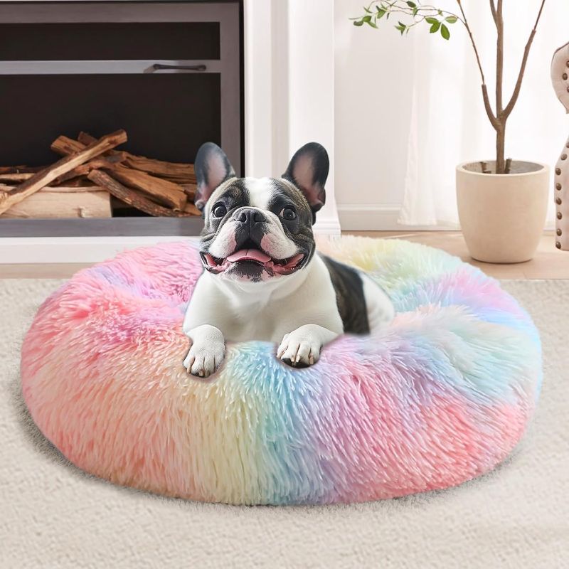 Photo 1 of JOLLYVOGUE Calming Dog & Cat Bed for Small Dogs, Anti-Anxiety Donut Cuddler Cozy Soft Round Bed with Anti-Slip Bottom, Fluffy Faux Fur Plush Cushion Beds for Small Medium Dogs, 20"/Rainbow