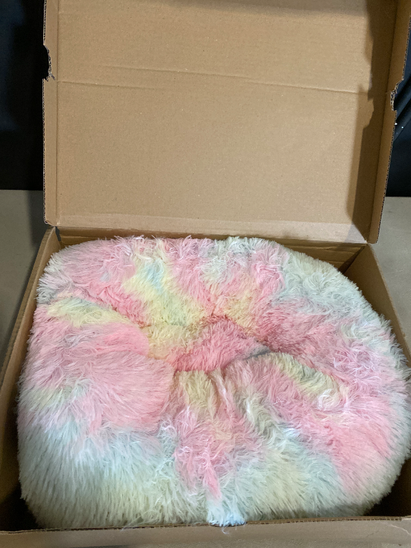 Photo 1 of JOLLYVOGUE Calming Dog & Cat Bed for Small Dogs, Anti-Anxiety Donut Cuddler Cozy Soft Round Bed with Anti-Slip Bottom, Fluffy Faux Fur Plush Cushion Beds for Small Medium Dogs, 20"/Rainbow