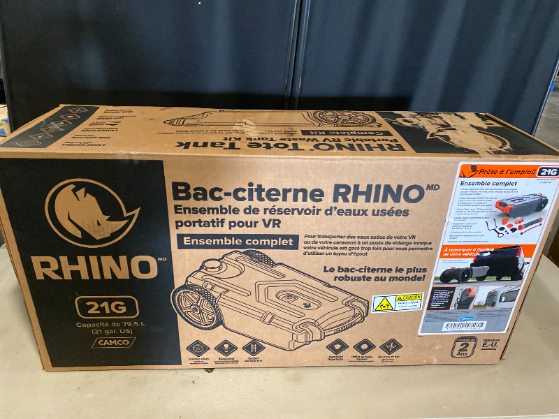 Photo 1 of Camco Rhino 21-Gallon RV Portable Waste Tank - Features Large Heavy-Duty No-Flat Wheels & Low Drain Hole - Includes Removable Steel Tow Adapter, 3’ Sewer Hose & More RV Accessories (39002)