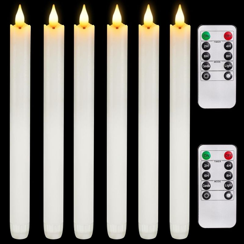 Photo 1 of Homemory 6 Pcs Flameless Taper Candles with Remote Timer and Dimmer, White Candle Sticks Battery Operated, LED Window Candles with Flickering Light, 9.6 Inches for Wedding Home Indoor Decoration
