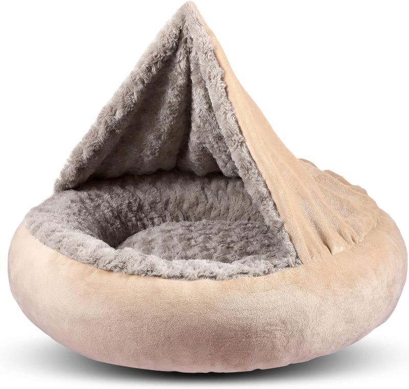 Photo 1 of GASUR Small Dog & Cat Bed, 23'' Donut Pet Bed Mat with Hooded Blanket, Anti-Anxiety Burrow Cave Bed, Cozy Puppy Bed, Machine Washable, for Indoor Pets up to 20lbs