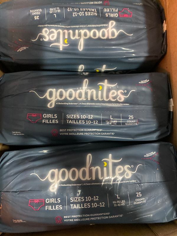 Photo 1 of Goodnites Girls' Nighttime Bedwetting Underwear, Size Large (68-95 lbs), 75 Ct (3 Packs of 25), Packaging May Vary