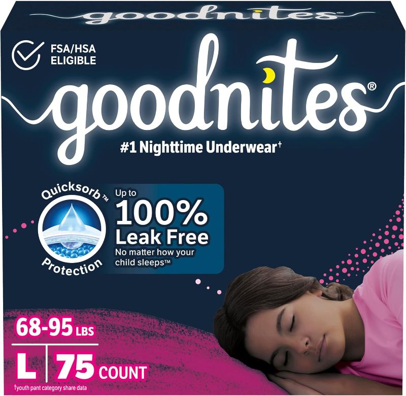 Photo 1 of Goodnites Girls' Nighttime Bedwetting Underwear, Size Large (68-95 lbs), 75 Ct (3 Packs of 25), Packaging May Vary
