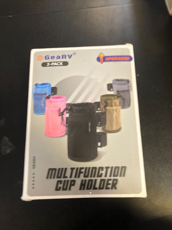 Photo 1 of GEARV 2Pack Cup Holder for Bike, Scooter and Wheelchair, Water Bottle Holder for UTV/ATV, Walker, Golf Cart and Beach, Universal Drink Holder Accessories with Net Pocket and Cord Lock (Black)