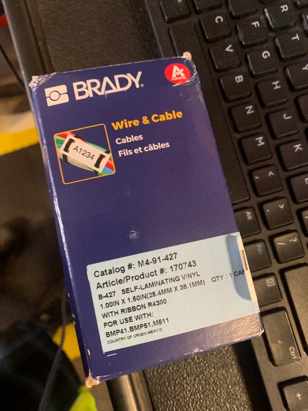 Photo 1 of Brady Authentic (M4-91-427) Self-Laminating Vinyl Wrap Around Labels 1.5" H x 1" W Black on White, Clear, 180 Labels. for use with The BMP41, BMP51, and M511 Label Printers
