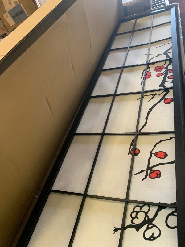 Photo 1 of Roundhill Furniture Black Japanese 4-Panel Screen Room Divider, Plum Blossom