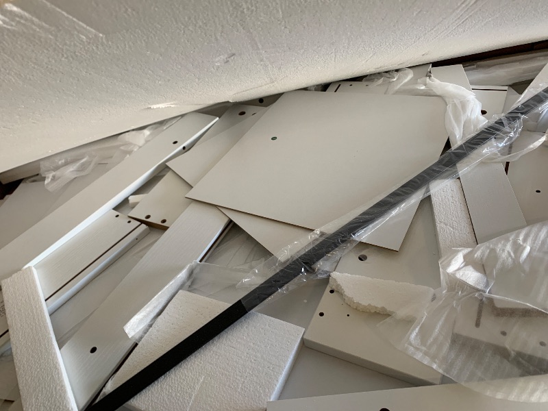 Photo 1 of kepptory 48 Inch Large Dog Crate Furniture with 3 Storage Drawers, Wooden Pet Kennel with Removable Divider, Dog Kennel End Table TV Stand, Farmhouse Style Dog Crates with Sliding Barn Door (White)