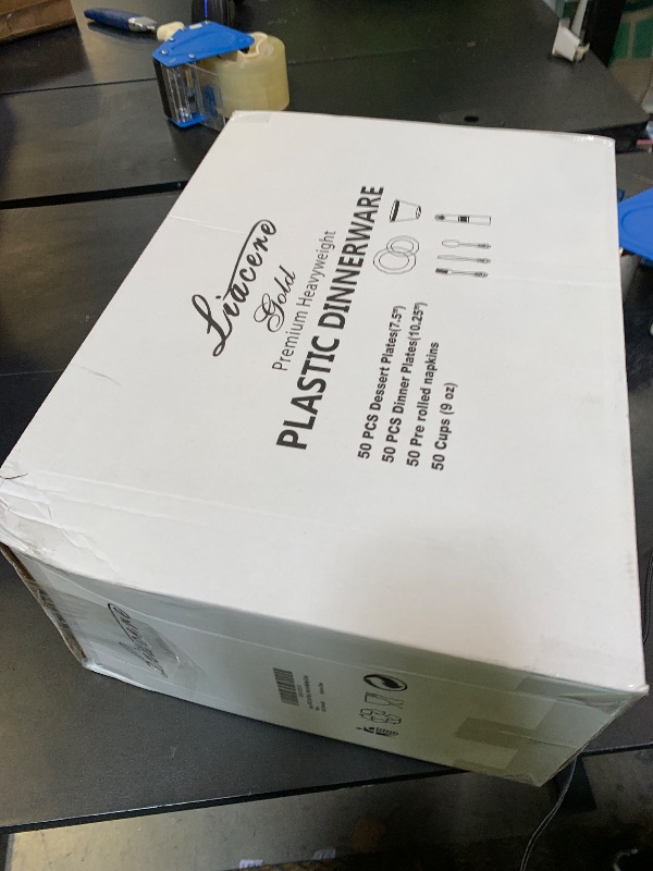 Photo 1 of Liacere 350PCS Gold Plastic Plates-Disposable White and Gold Plates 50guest Baroque Plastic Dinnerware include 100Plates, 50Pack Pre Rolled Napkins with Silverware 50Cups for Wedding&New Years