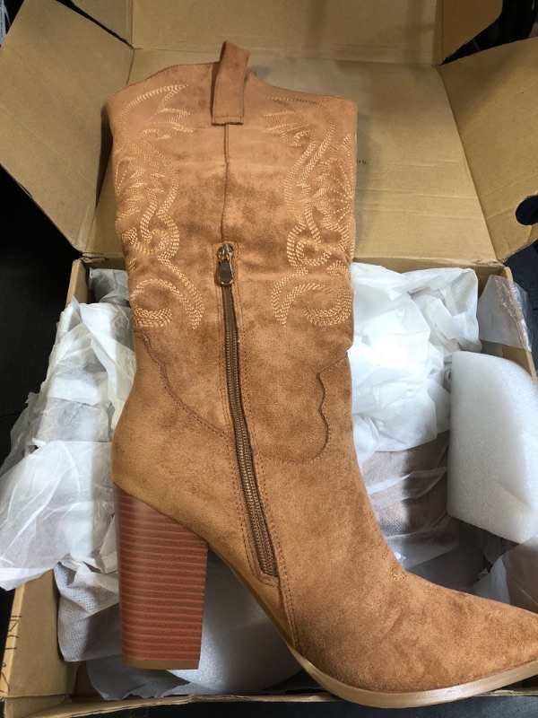 Photo 1 of VOMIRA Knee High Cowboy Boots for Women Pointed Toe Chunky High Heels Pull-on Embroidered Boots Western Boots Wide Calf Cowgirl Boots size 10
