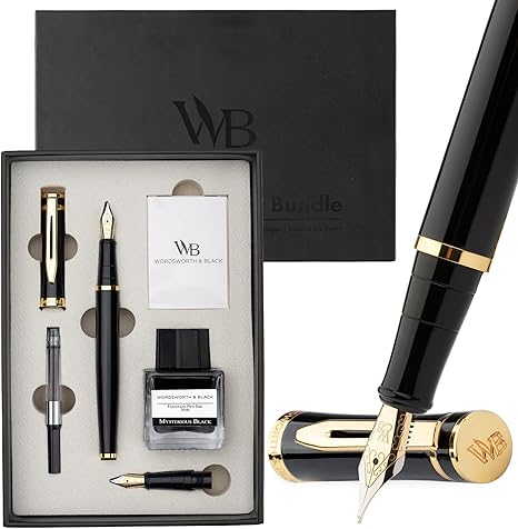 Photo 1 of Wordsworth & Black Fountain Pen Set,18K Gilded Medium and Extra Fine Nib,25MLBlack Ink Bottle,6 Ink Cartridges,Refill Converter,Gift Box,Smooth Writing Pens [Black Gold],Gift Set for Men and Women
