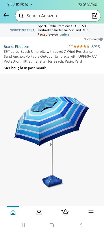 Photo 1 of 8FT Large Beach Umbrella with Level 7 Wind Resistance, Sand Anchor, Portable Outdoor Umbrella with UPF50+ UV Protection, Tilt Sun Shelter for Beach, Patio, Yard