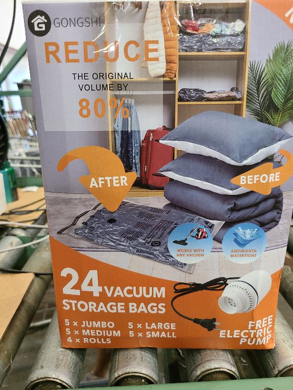 Photo 1 of 24 Pack Vacuum Storage Bags with Electric Pump, (5 Jumbo, 5 Large, 5 Medium, 5 Small, 4 Roll Up Bags) Space Saver Bag for Clothes, Mattress, Blanket, Duvets, Pillows, Comforters,Travel