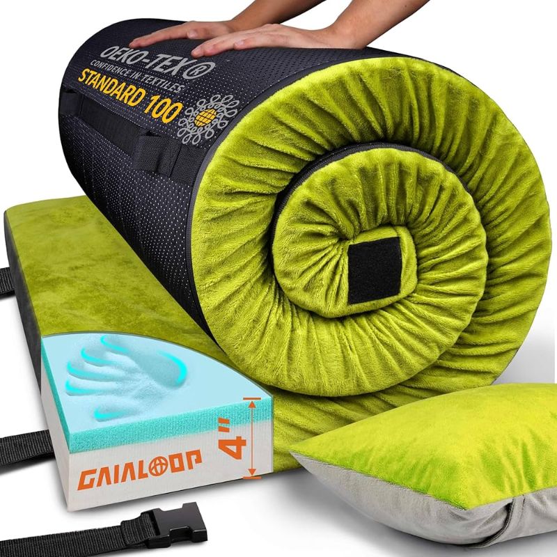 Photo 1 of 4 Inch GAIALOOP Extra Thick Memory Foam Camping Mattress, Roll Up Floor Sleeping Mat Camp Cot Mattress Pad Travel Camping Couch Bed for Guest Adults Side Sleepers 