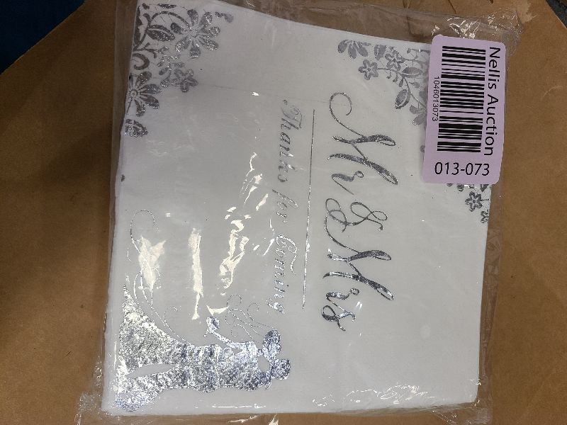 Photo 1 of 200 Pcs Silver Napkins for Reception, Mr & Mrs Cocktail Napkins, Disposable Napkins for Wedding, Engagement, Bridal Shower Party Decorations