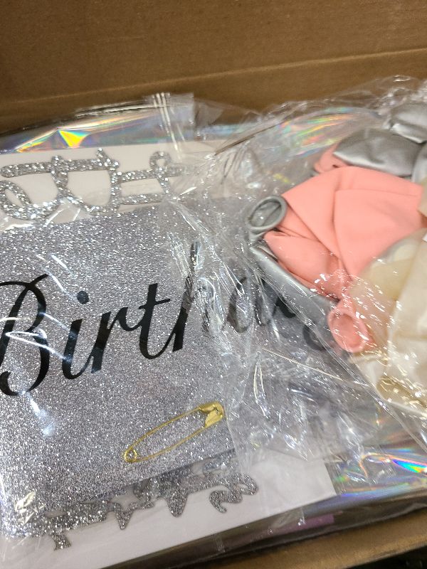 Photo 1 of 10th Birthday Decorations for Girls, Silver Dazzle Double Digits Banner,Iridescence Tablecloth,Sash,Tiara, Happy 10th Birthday Cake Topper,Candles, 10 Number Balloons and Latex Balloons Arch