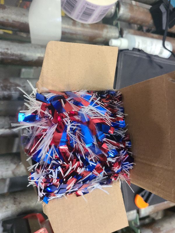 Photo 1 of 50FT 4th of July Garland Patriotic Red White and Blue Tinsel Flags Garland for Indoor Outdoor Party Celebration Holiday Red White and Blue Memorial Day Independence Day 4th of July Decorations