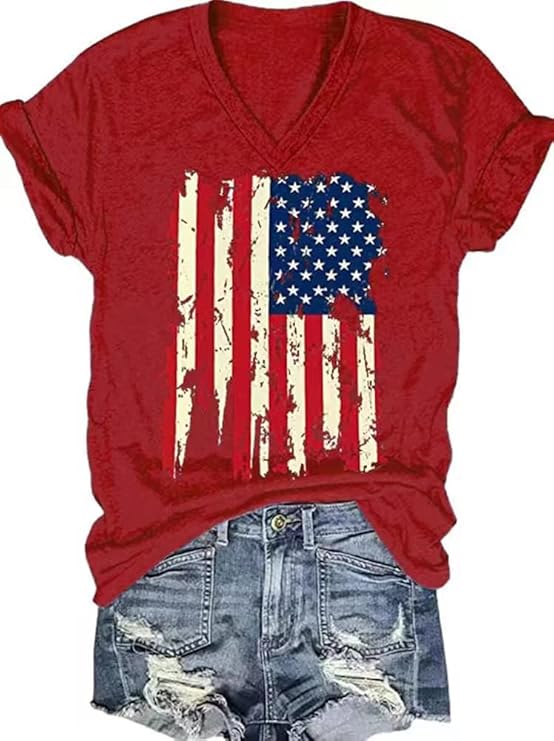 Photo 1 of 4th of July V Neck Patriotic T-Shirts Women American Flag Print Faith Family Freedom Letter Casual Short Sleeve Tee Tops