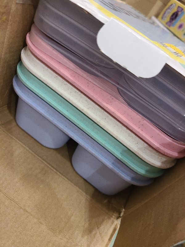 Photo 1 of 4-Pack Bento Lunch Box, 5-Compartment Lunch Boxes, Kids Snack Boxes, Stackable Ready Parties, Divided Food Storage Containers for School Work Travel Parties BBQ (Liquid food cannot be 100% leak-proof)