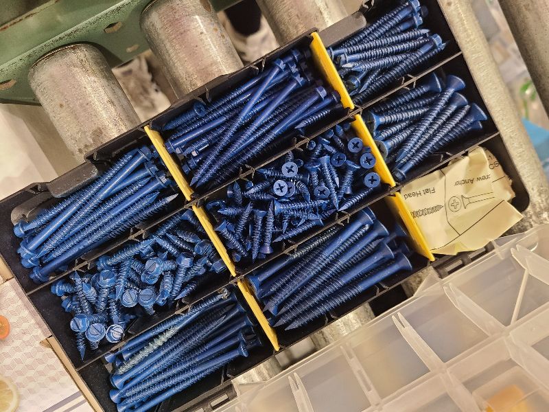 Photo 1 of 3/16" x 1-1/4" Concrete Screws, 100 PCS Blue Hex Washer Head Concrete Screws Anchor Kit with Drill Bit and Hex Bit Socket, for Masonry, Cement, Block, Brick or Stucco
