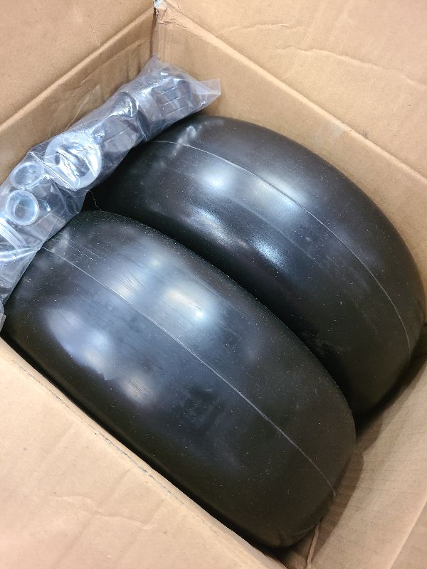 Photo 1 of 11x4.00-5” Flat Free Lawn Mower Tire and Wheel with 3/4" or 5/8" Bushings, 3.4"-4"-4.5"-5" Centered Hub, Smooth Tread Tire for Zero Turn Mowers, 2 Pack
