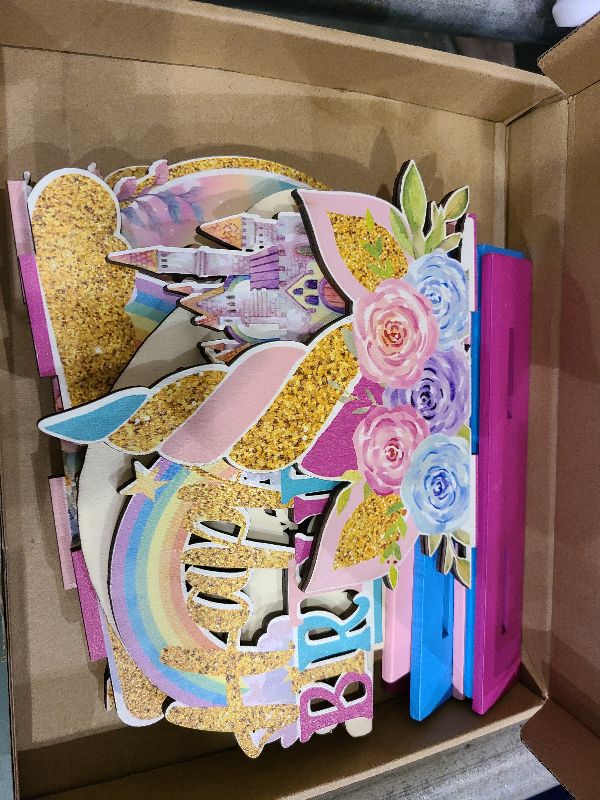 Photo 1 of 6 Pcs Unicorn Birthday Table Wooden Decorations Unicorn Rainbow Birthday Party Table Decor Pink Photo Props Sign for Girls Baby Shower Party Supplies