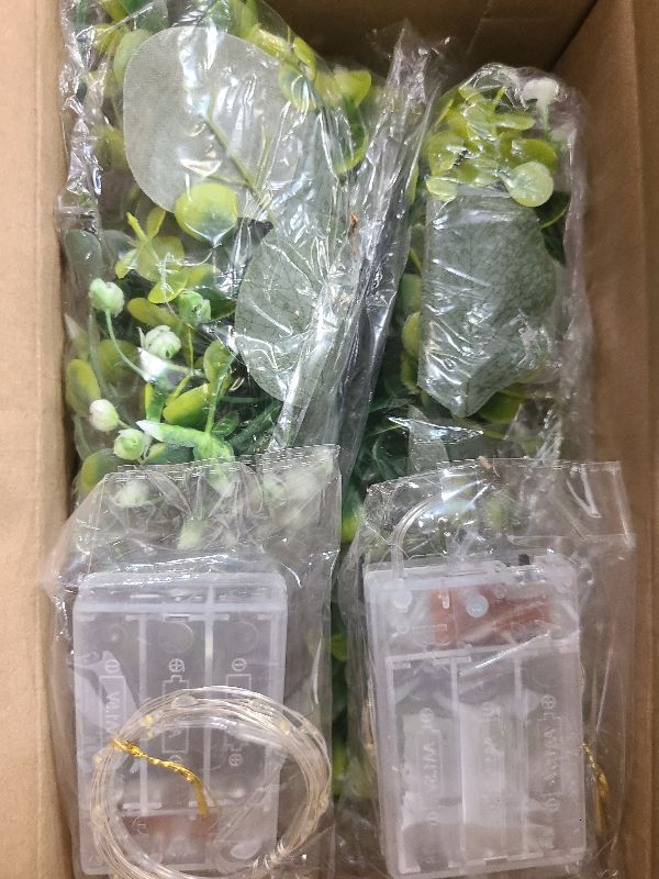 Photo 1 of 2Pcs Eucalyptus Garland with Lights, Greenery Garland, Green Garland with Flowers, 5.9FT Artificial Faux Eucalyptus Leaves Vines for Table Mantle Home Wedding Party Indoor Outdoor Decor