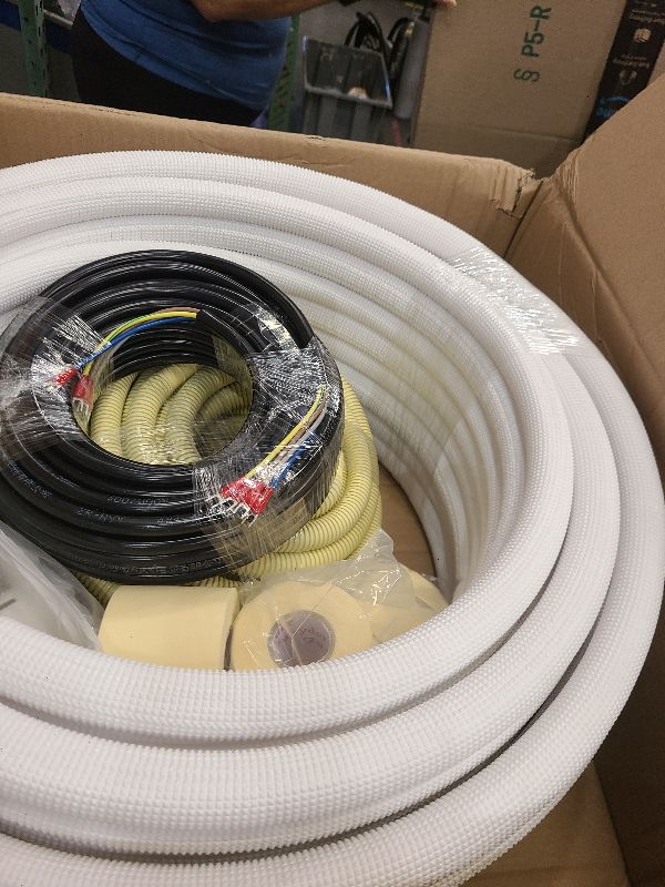 Photo 1 of 50ft Length Mini Split Line Set 1/4" 1/2" OD Copper Pipes Tubing and 3/8 White PE Thickened Insulated with Flared Nuts for Mini Split Air Conditioner HVAC or Heat Pump for 9000BTU (1/4+1/2 with wires)