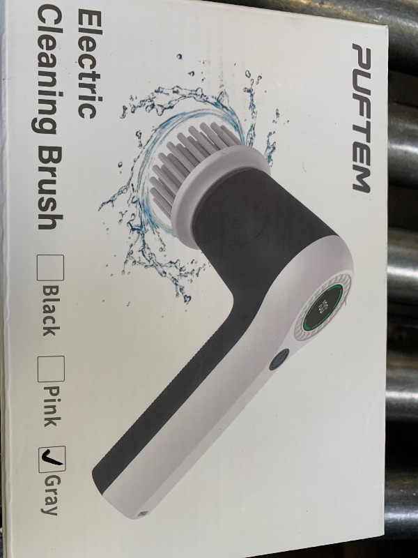 Photo 1 of PUFTEM Electric Spin Scrubber, Cordless Shower Scrubber with Battery Level Display, 2 Speeds Electric Scrubber for Cleaning with 6 Replaceable Heads, Cleaning Brush for Bathroom/Sink/Window (Gray)