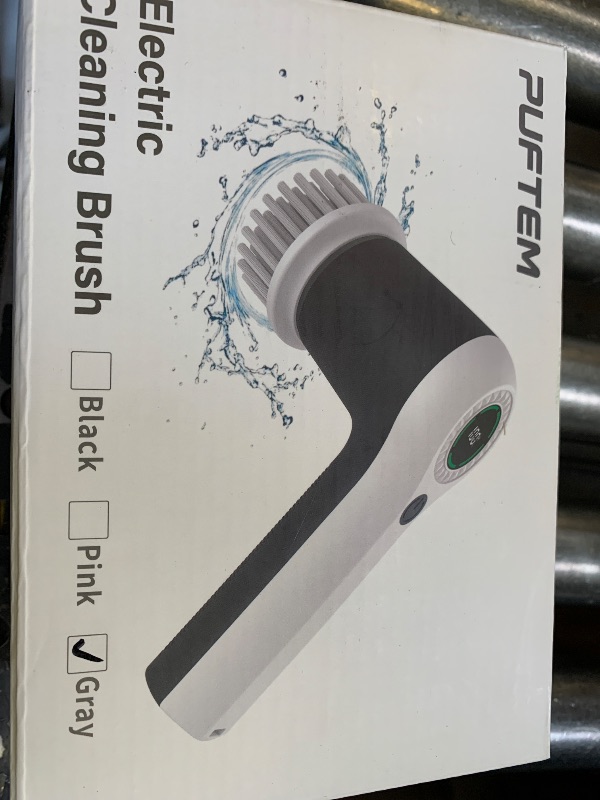 Photo 1 of PUFTEM Electric Spin Scrubber, Cordless Shower Scrubber with Battery Level Display, 2 Speeds Electric Scrubber for Cleaning with 6 Replaceable Heads, Cleaning Brush for Bathroom/Sink/Window (Gray)