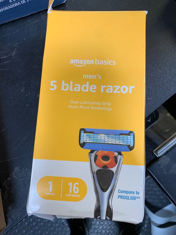 Photo 1 of Amazon Basics 5-Blade MotionSphere Men's Razor with Dual Lubrication and Precision Trimmer, 17 Piece Set, 1 Handle & 16 Cartridges, Black
