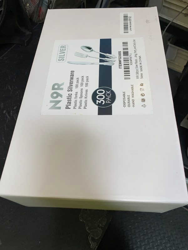 Photo 1 of N9R 300PCS Silver Plastic Silverware, Heavy Duty Plastic Cutlery for Parties, Fancy Disposable Flatware Set Includes 100 Forks, 100 Spoons, and 100 Knives, Perfect for Weddings, Dinners, Picnics